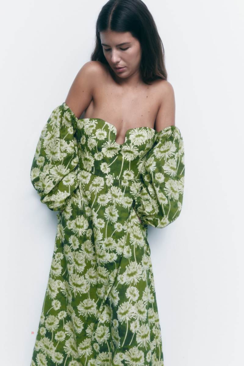 ZARA 100% COTTON PRINTED Klänning Dam Gröna | NQRZF-7480