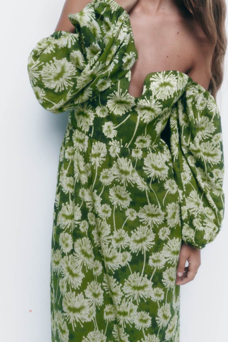 ZARA 100% COTTON PRINTED Klänning Dam Gröna | NQRZF-7480