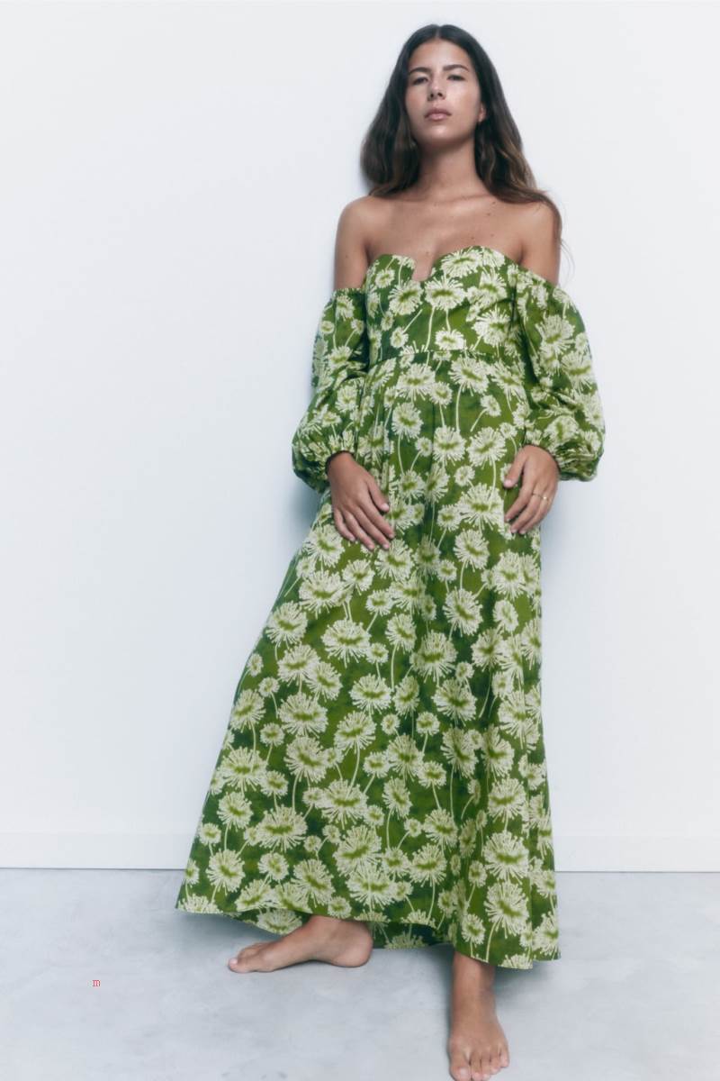 ZARA 100% COTTON PRINTED Klänning Dam Gröna | NQRZF-7480