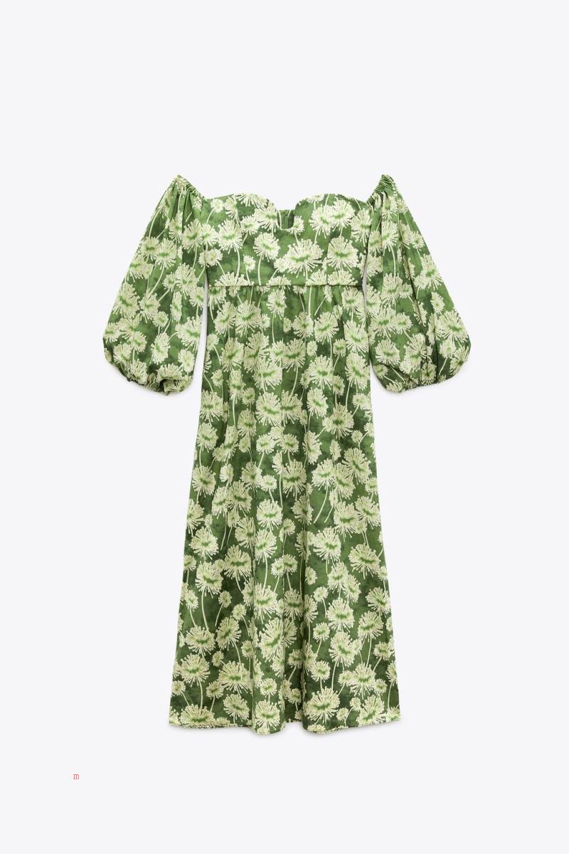 ZARA 100% COTTON PRINTED Klänning Dam Gröna | NQRZF-7480
