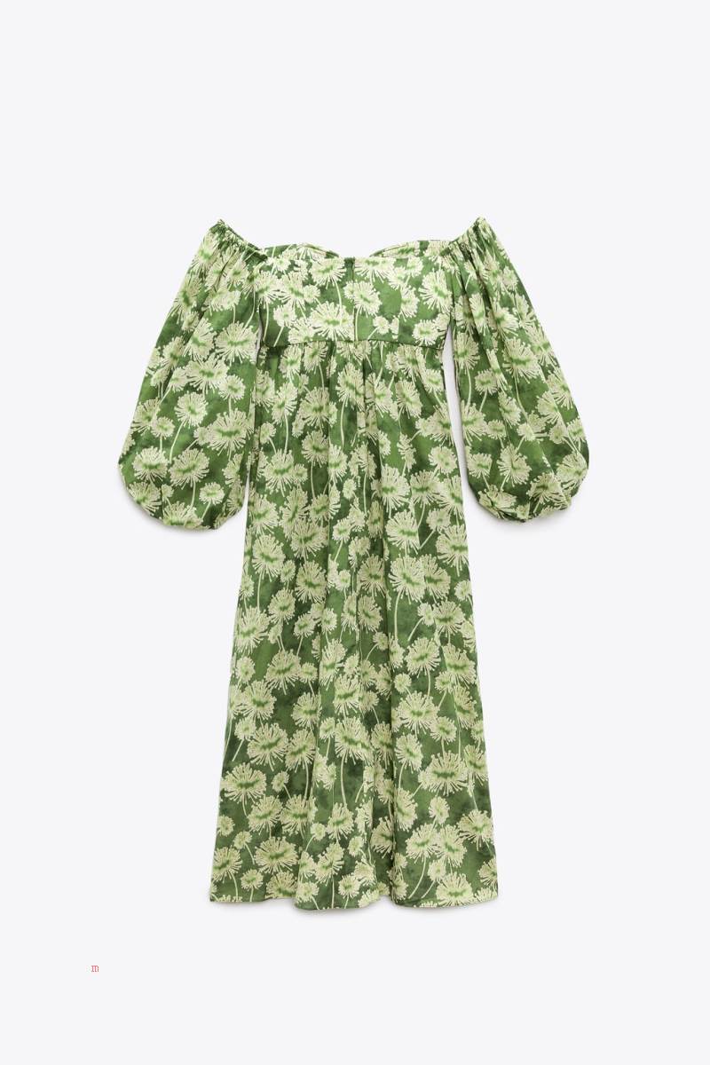ZARA 100% COTTON PRINTED Klänning Dam Gröna | NQRZF-7480