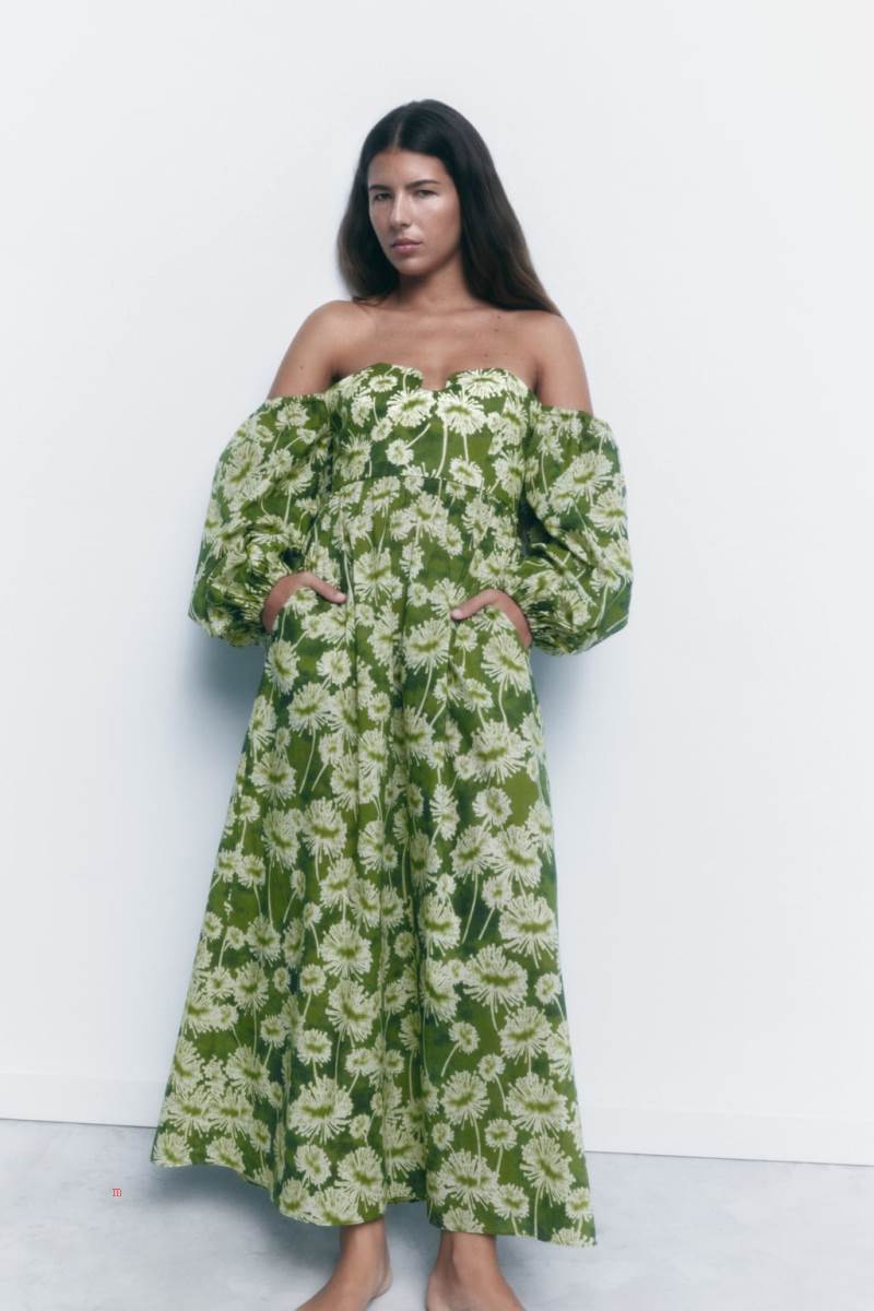 ZARA 100% COTTON PRINTED Klänning Dam Gröna | NQRZF-7480