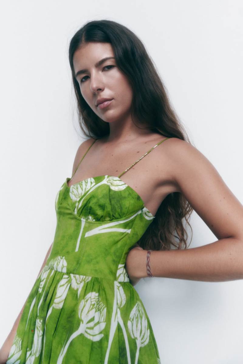 ZARA 100% COTTON PRINTED MAXI Klänning Dam Gröna | KTCUV-0753