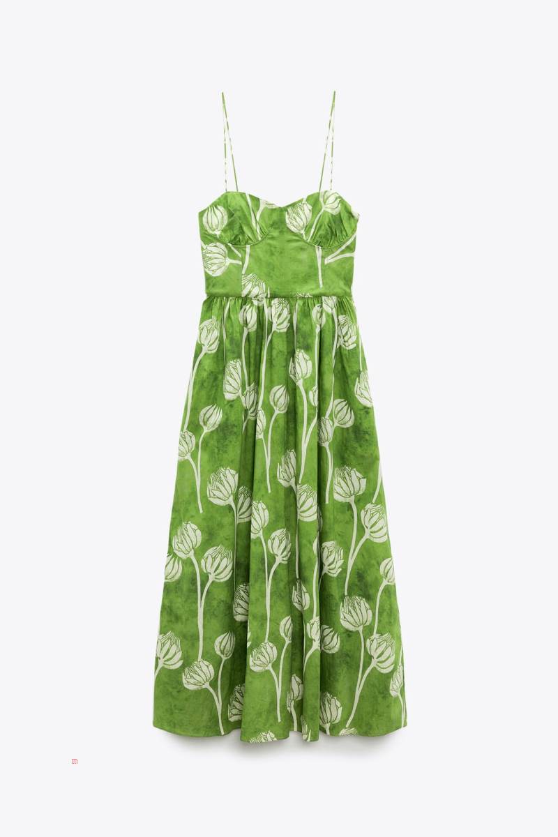ZARA 100% COTTON PRINTED MAXI Klänning Dam Gröna | KTCUV-0753