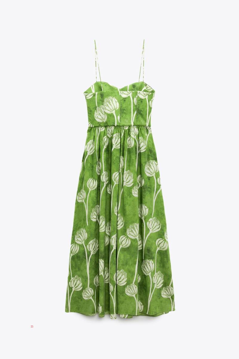 ZARA 100% COTTON PRINTED MAXI Klänning Dam Gröna | KTCUV-0753