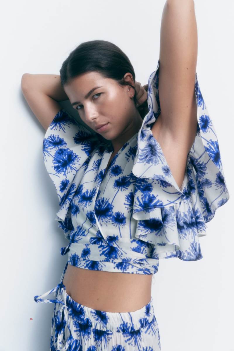 ZARA 100% COTTON PRINTED WITH RUFFLES Blusar Dam Blå | NIWCK-8542