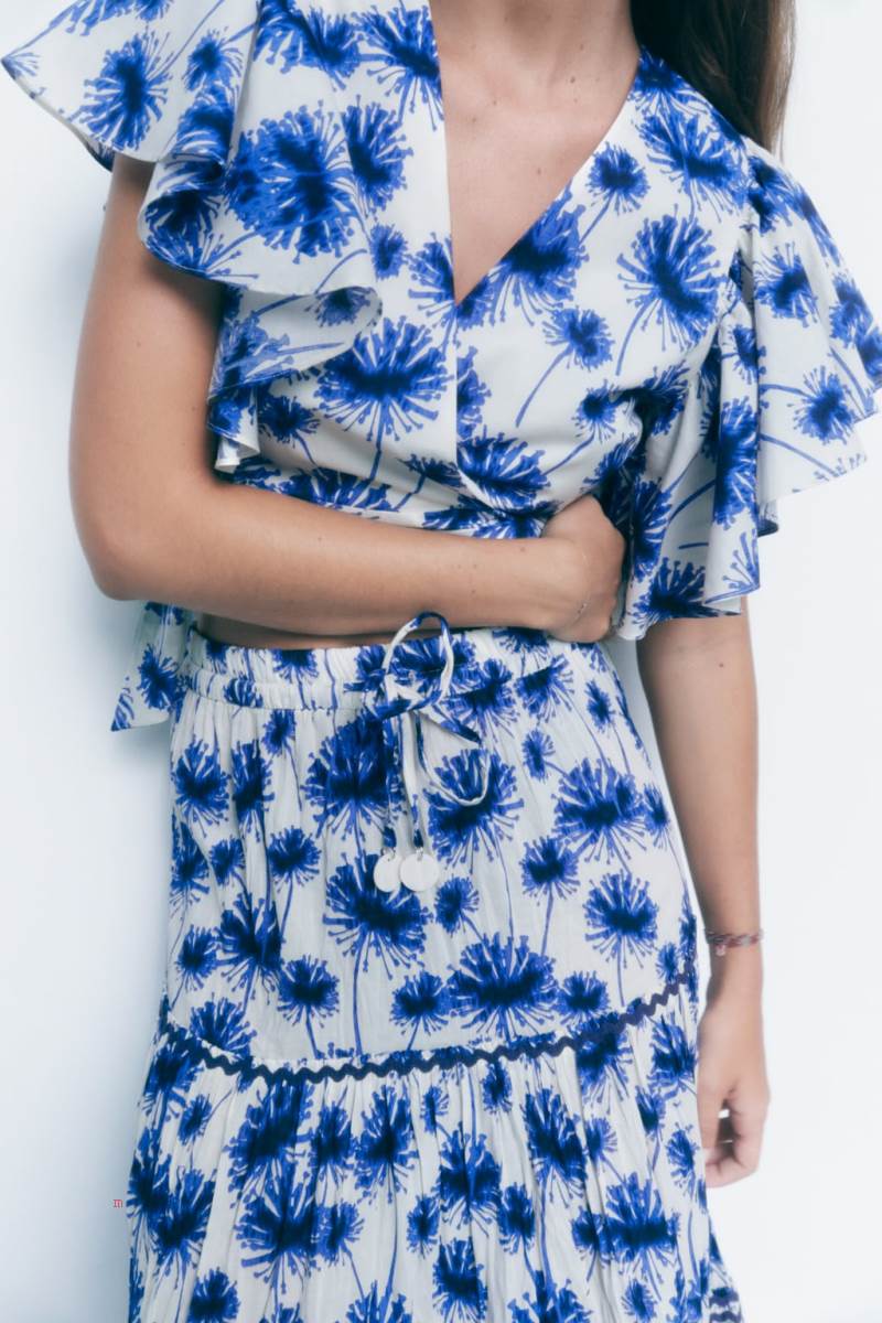 ZARA 100% COTTON PRINTED WITH RUFFLES Blusar Dam Blå | NIWCK-8542
