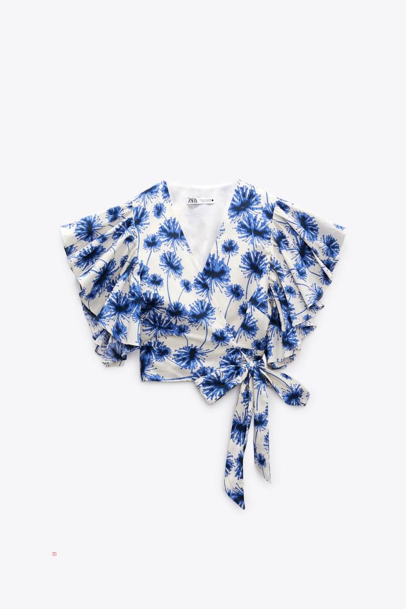 ZARA 100% COTTON PRINTED WITH RUFFLES Blusar Dam Blå | NIWCK-8542