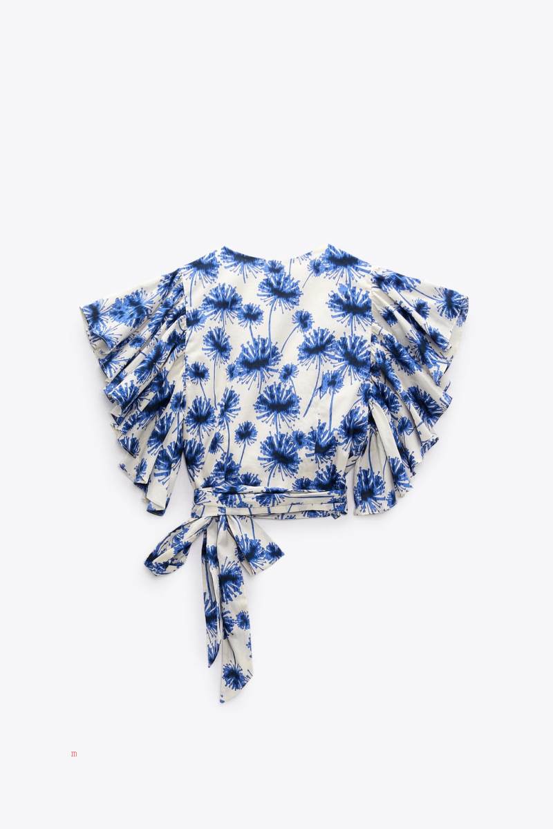 ZARA 100% COTTON PRINTED WITH RUFFLES Blusar Dam Blå | NIWCK-8542