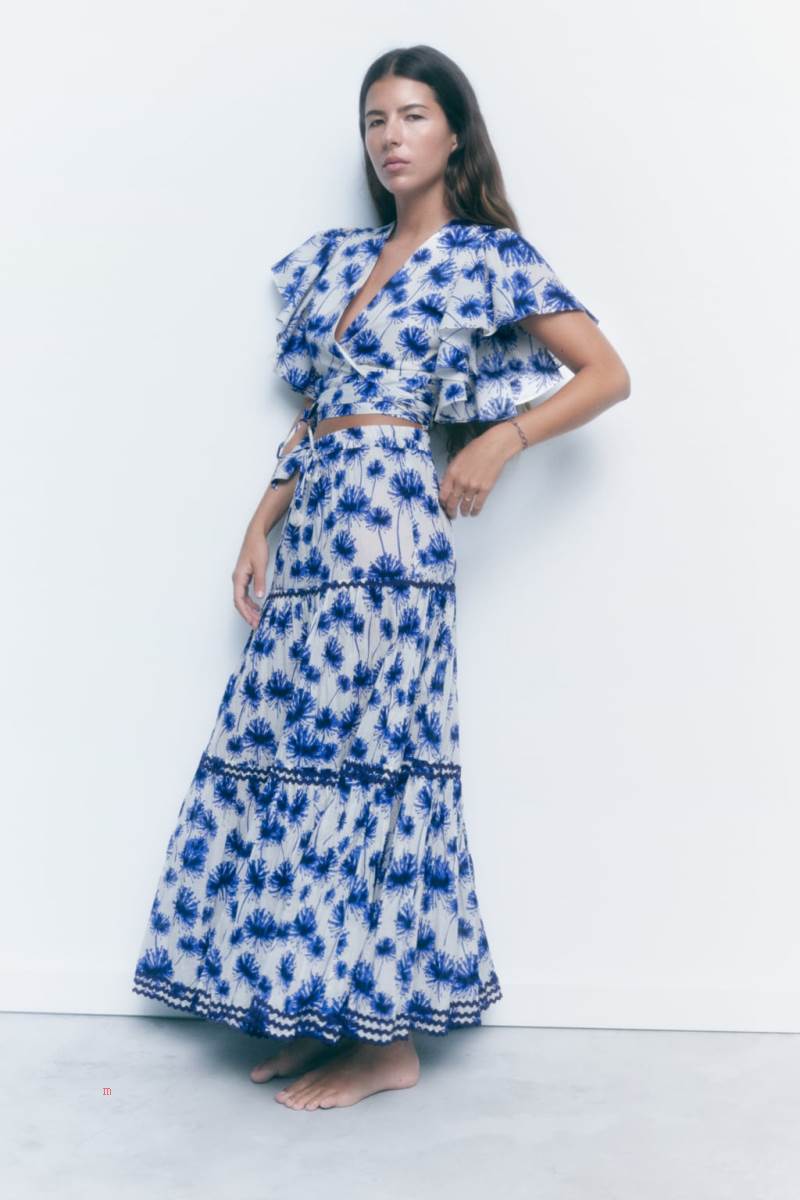 ZARA 100% COTTON PRINTED WITH RUFFLES Blusar Dam Blå | NIWCK-8542