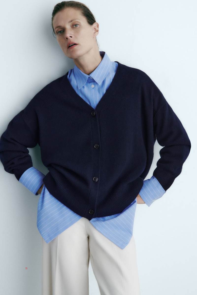 ZARA 100% MERINO WOOL Cardigan Dam Marinblå Blå | CLWPB-2865