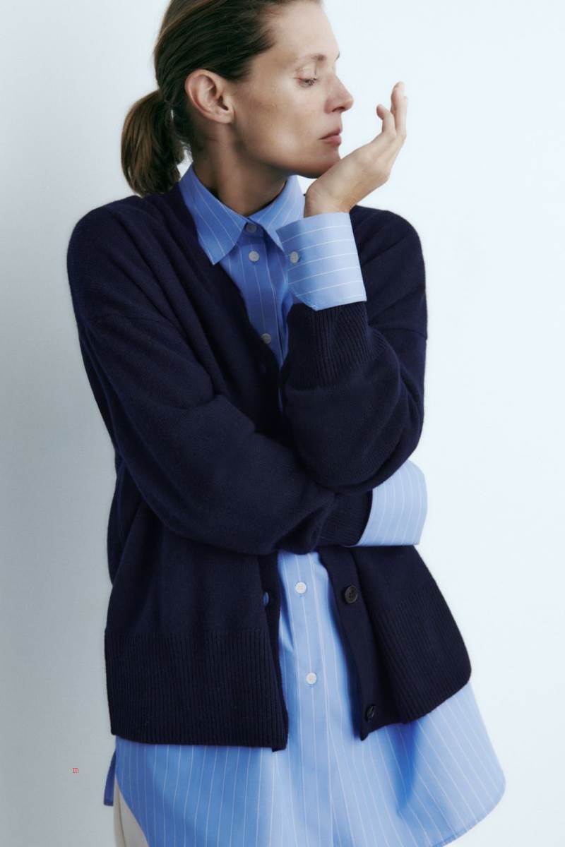 ZARA 100% MERINO WOOL Cardigan Dam Marinblå Blå | CLWPB-2865
