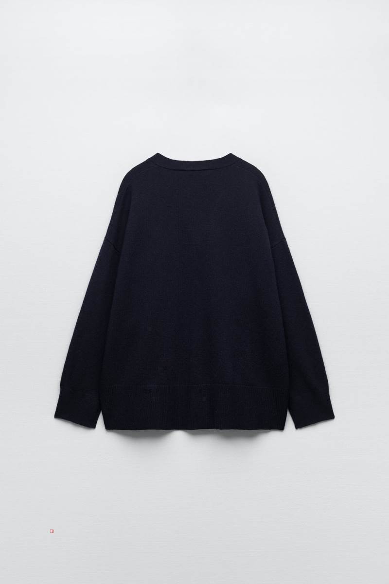 ZARA 100% MERINO WOOL Cardigan Dam Marinblå Blå | CLWPB-2865