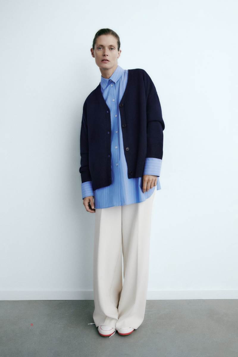 ZARA 100% MERINO WOOL Cardigan Dam Marinblå Blå | CLWPB-2865