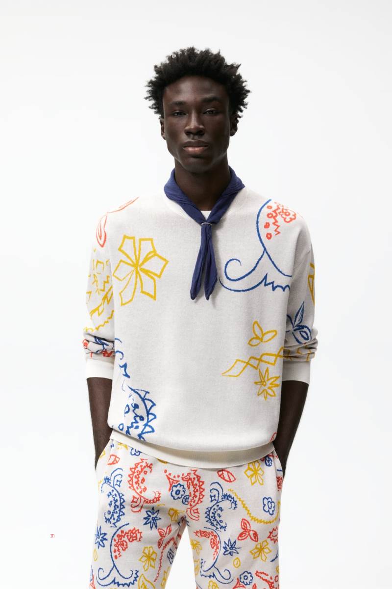 ZARA ABSTRACT JACQUARD Tröjor Herr Vita | MKCZP-9037