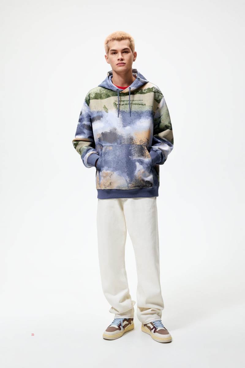 ZARA ABSTRACT PRINT Sweatshirt Herr Blå | YBWMA-9538