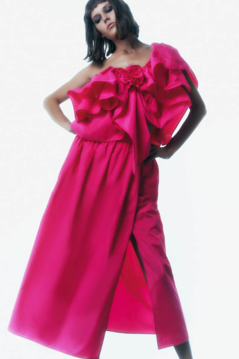 ZARA ASYMMETRIC FRILLED BODY Crop Top Dam Fuchsia | QMSGL-5684