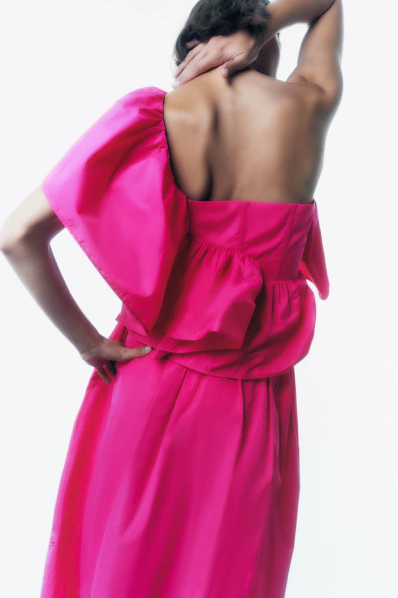 ZARA ASYMMETRIC FRILLED BODY Crop Top Dam Fuchsia | QMSGL-5684