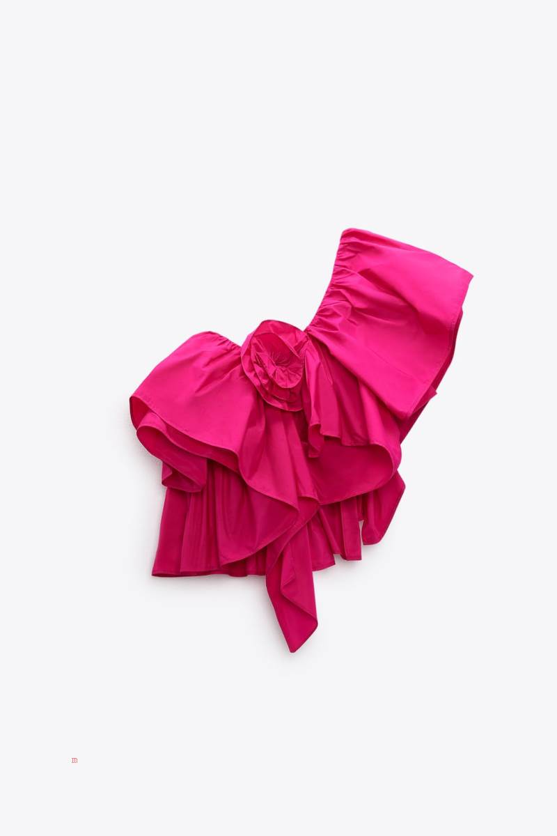ZARA ASYMMETRIC FRILLED BODY Crop Top Dam Fuchsia | QMSGL-5684