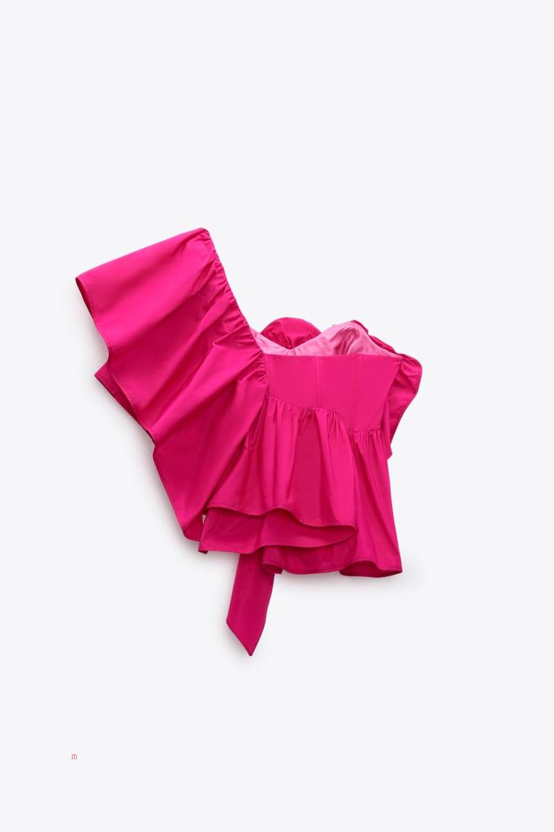 ZARA ASYMMETRIC FRILLED BODY Crop Top Dam Fuchsia | QMSGL-5684