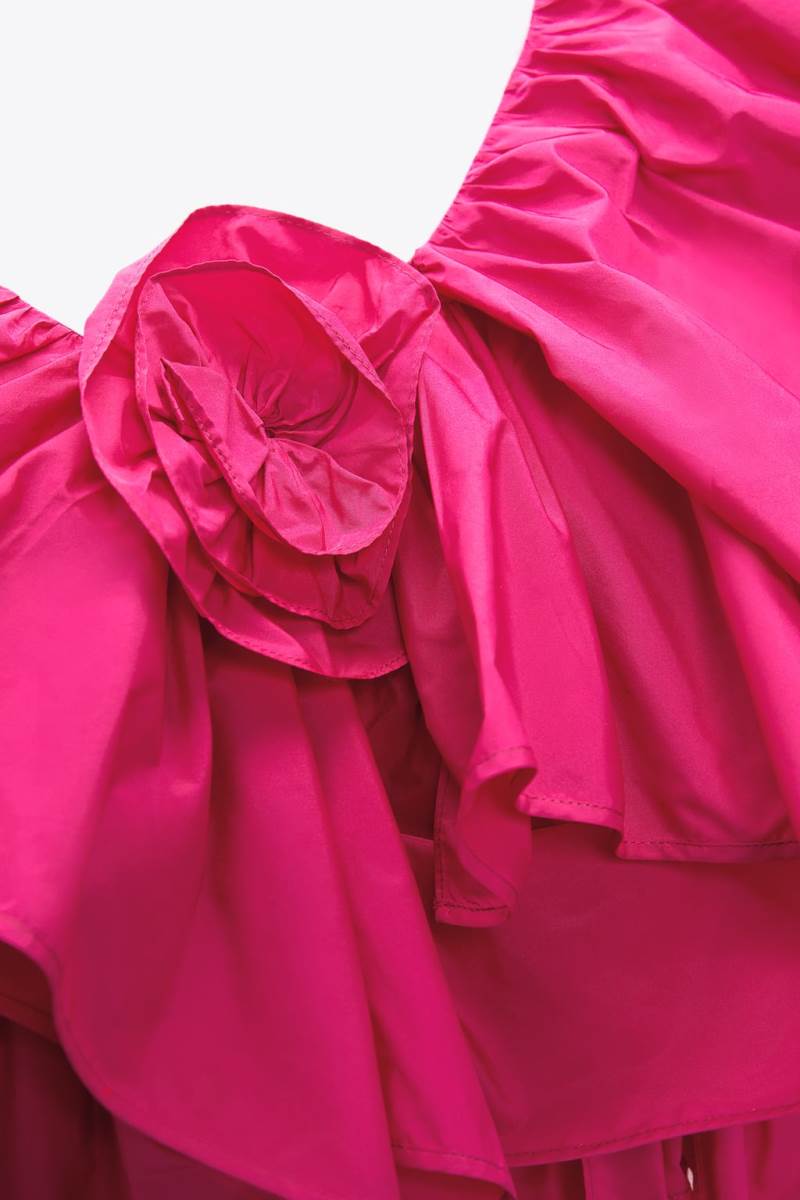 ZARA ASYMMETRIC FRILLED BODY Crop Top Dam Fuchsia | QMSGL-5684