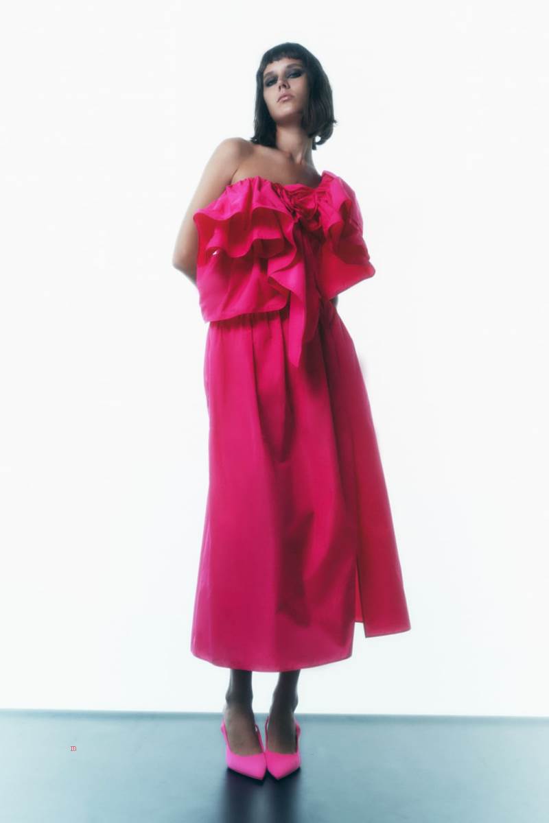 ZARA ASYMMETRIC FRILLED BODY Crop Top Dam Fuchsia | QMSGL-5684