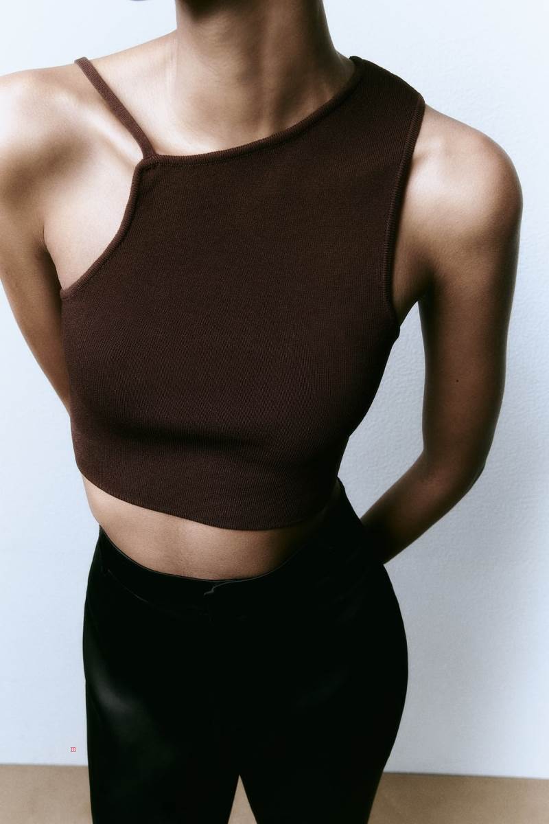 ZARA ASYMMETRIC KNIT Crop Top Dam Choklad | NJQSU-7850