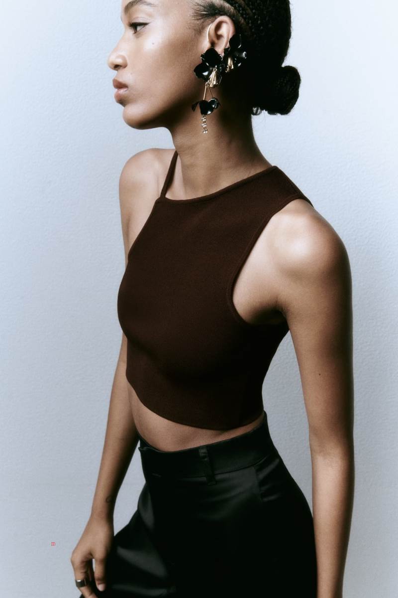 ZARA ASYMMETRIC KNIT Crop Top Dam Choklad | NJQSU-7850