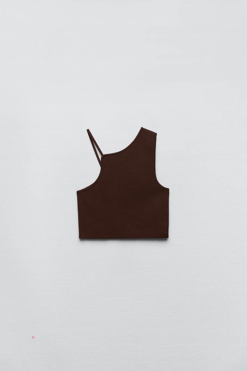 ZARA ASYMMETRIC KNIT Crop Top Dam Choklad | NJQSU-7850