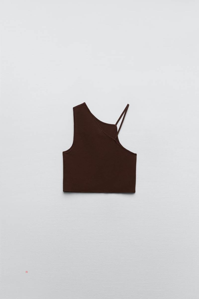 ZARA ASYMMETRIC KNIT Crop Top Dam Choklad | NJQSU-7850