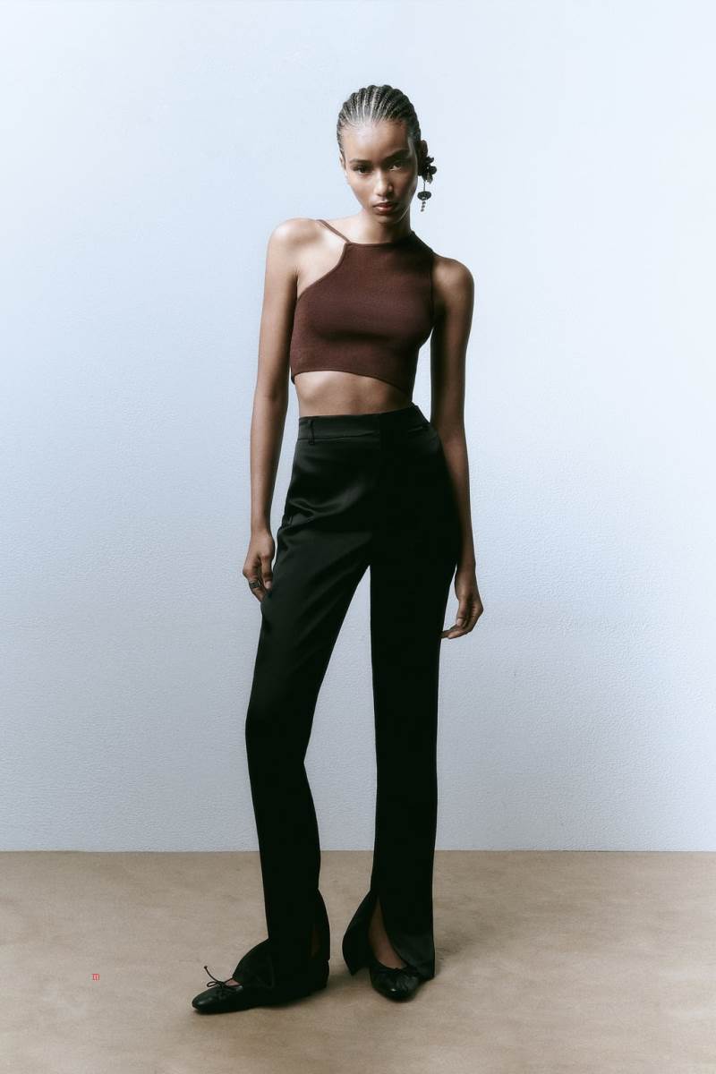 ZARA ASYMMETRIC KNIT Crop Top Dam Choklad | NJQSU-7850