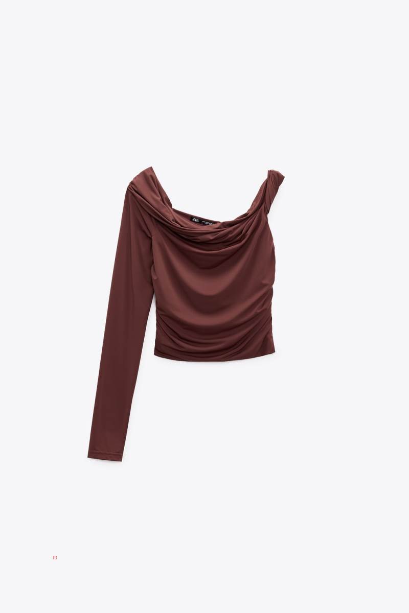 ZARA ASYMMETRIC TOP Crop Top Dam Mörkbruna | PIZDS-3682