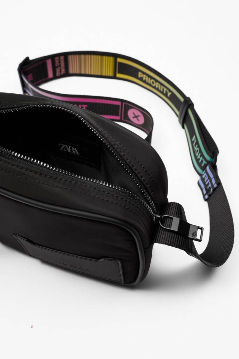 ZARA BAG WITH MULTICOLOURED STRAP Crossbody Väska Herr Svarta | YNOJA-6753