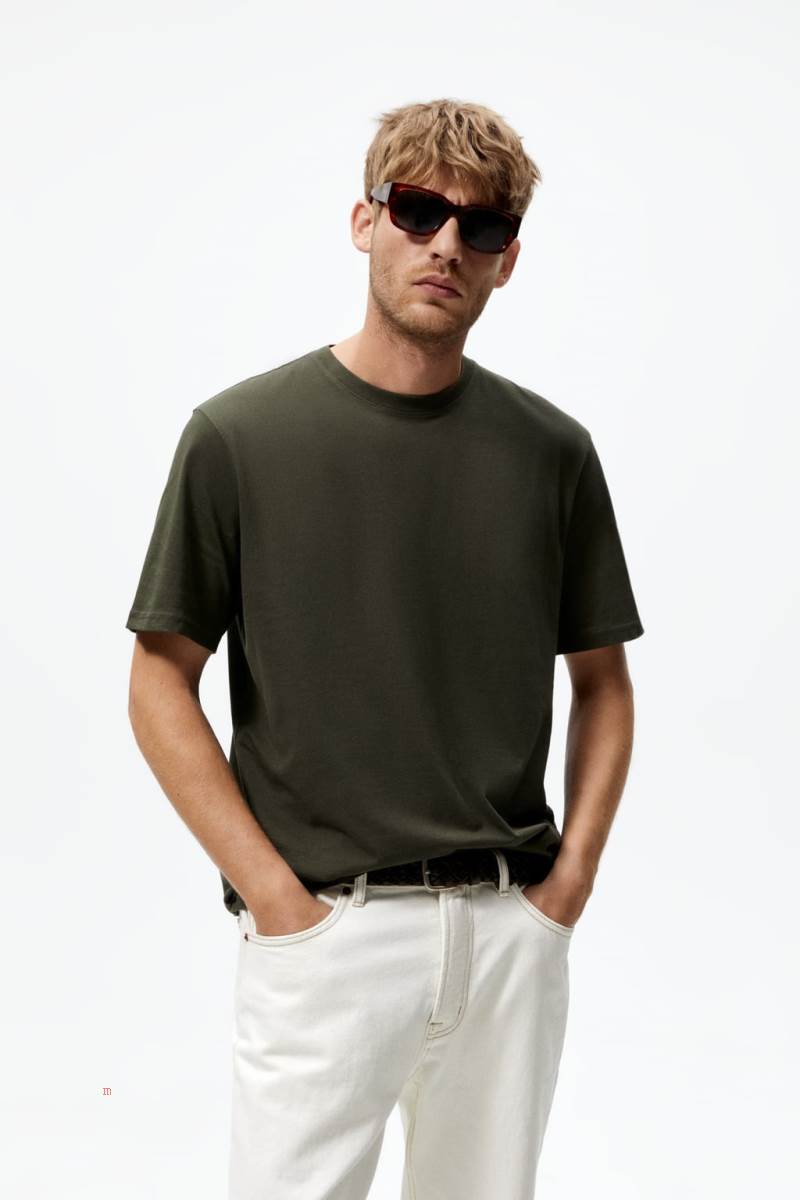 ZARA BASIC MEDIUM WEIGHT T-shirt Herr Mörkgröna | CMGYE-8053
