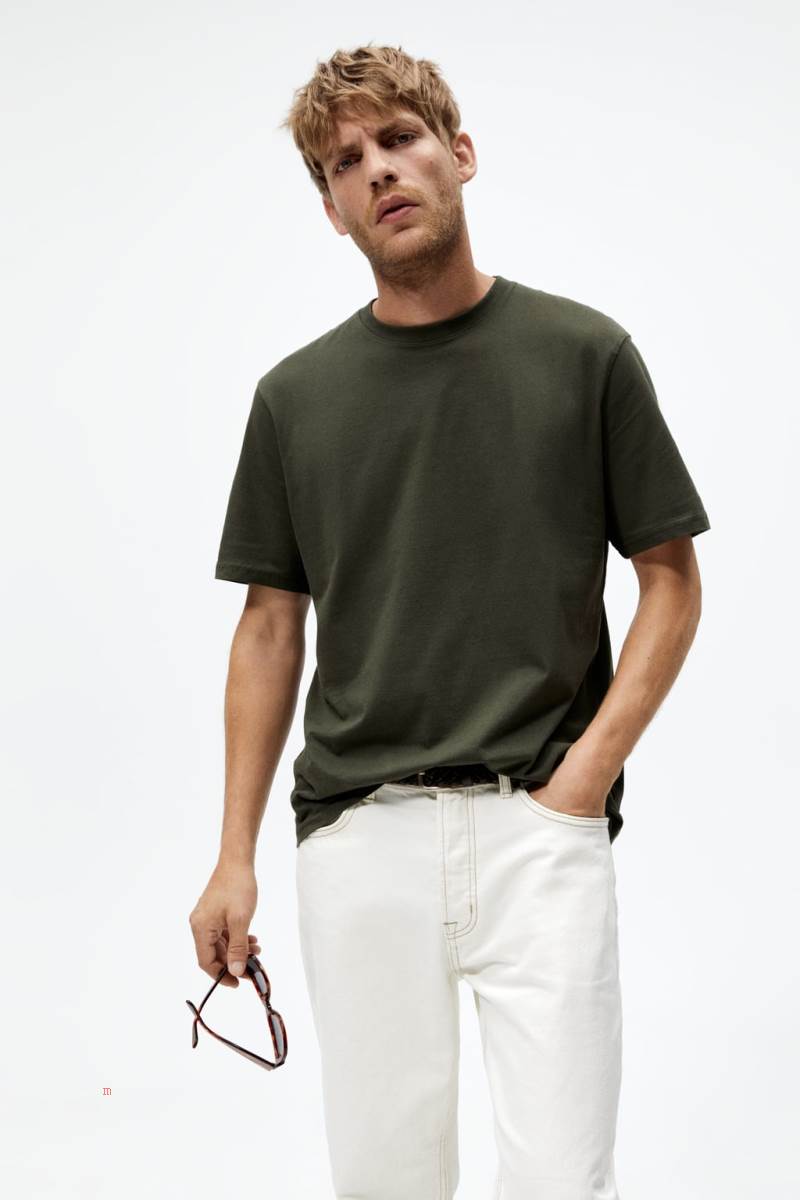 ZARA BASIC MEDIUM WEIGHT T-shirt Herr Mörkgröna | CMGYE-8053