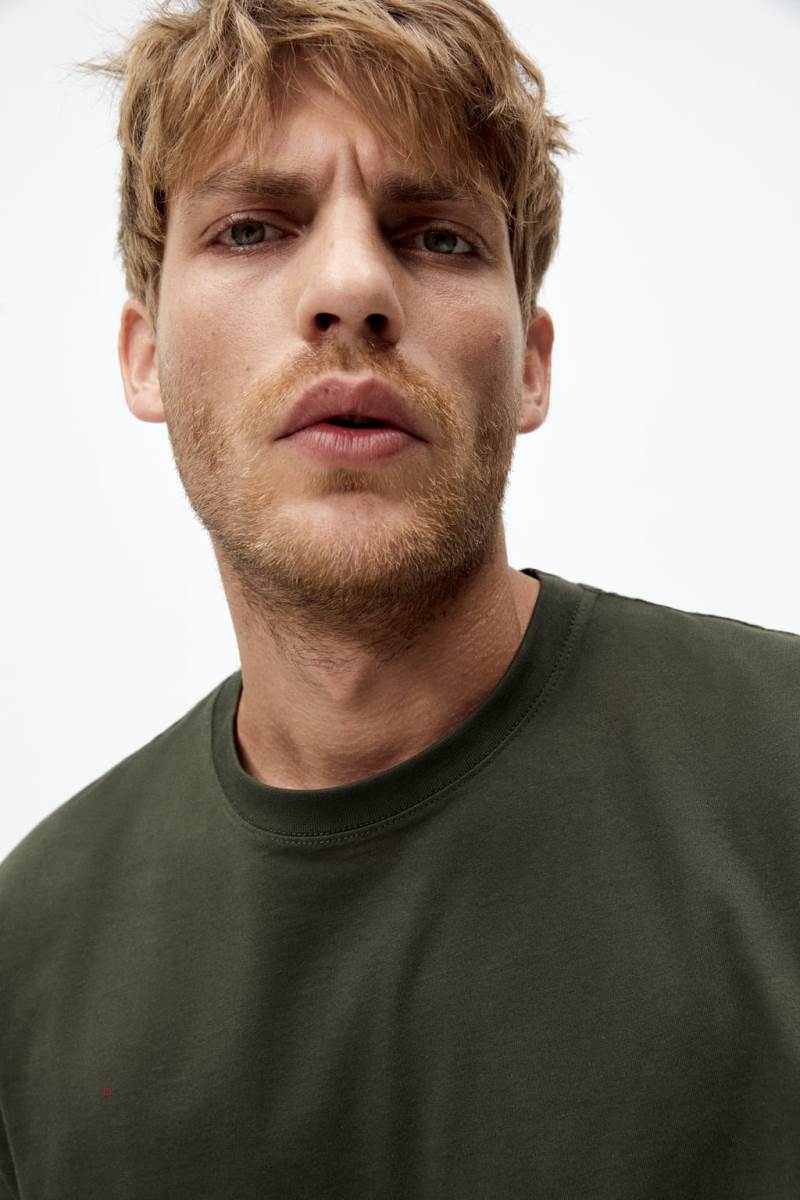 ZARA BASIC MEDIUM WEIGHT T-shirt Herr Mörkgröna | CMGYE-8053