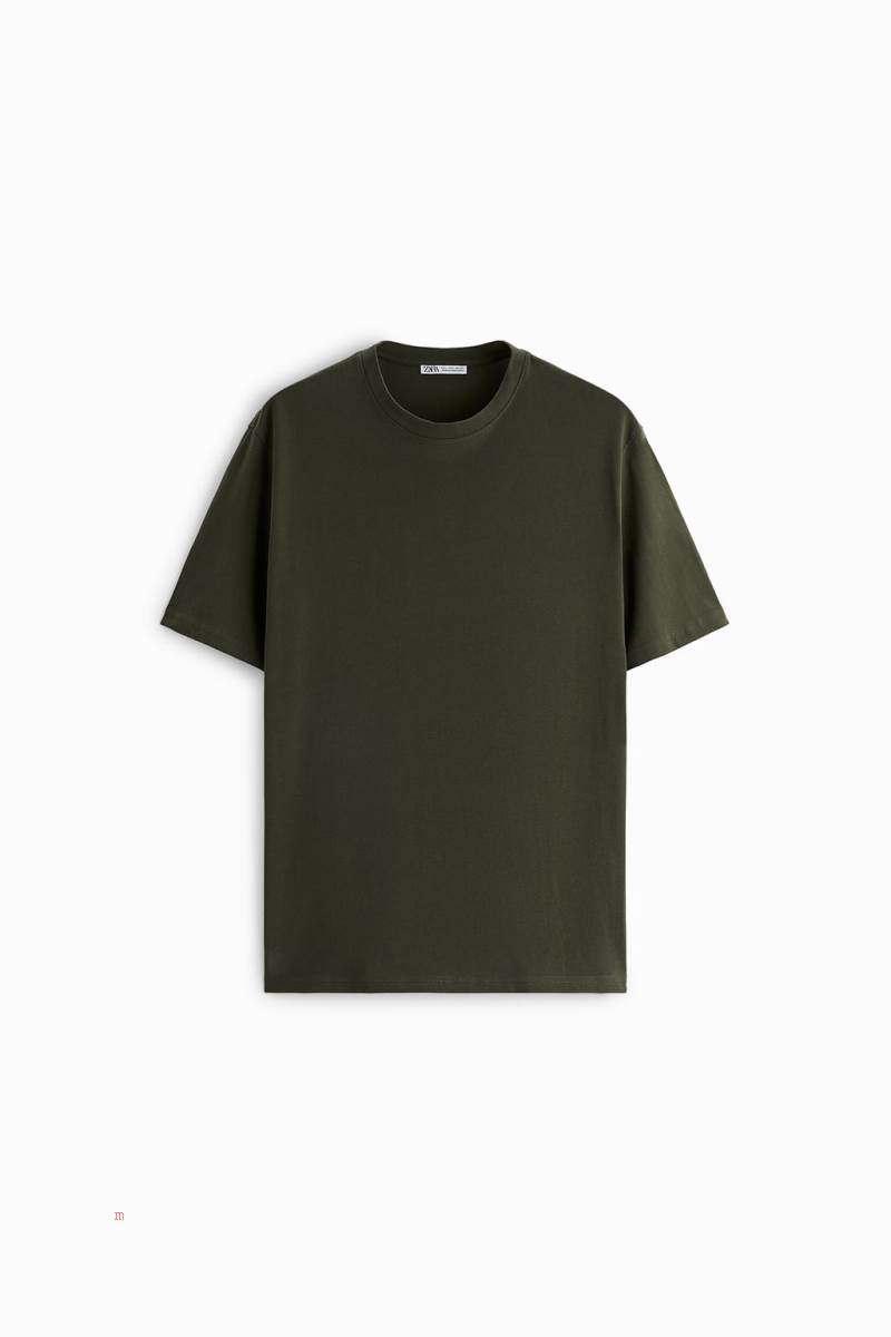 ZARA BASIC MEDIUM WEIGHT T-shirt Herr Mörkgröna | CMGYE-8053