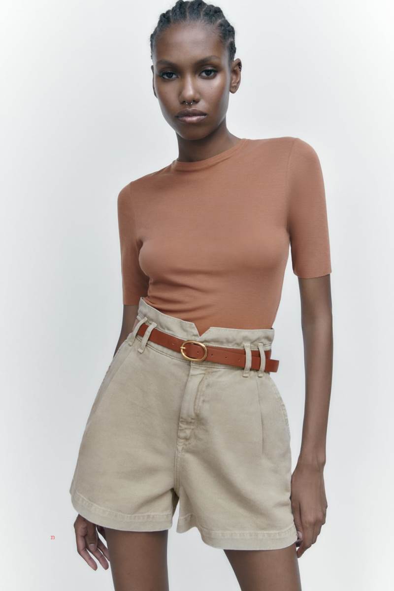 ZARA BELTED BAGGY DENIM BERMUDA Shorts Dam Ljuskhaki | YGUOF-1248
