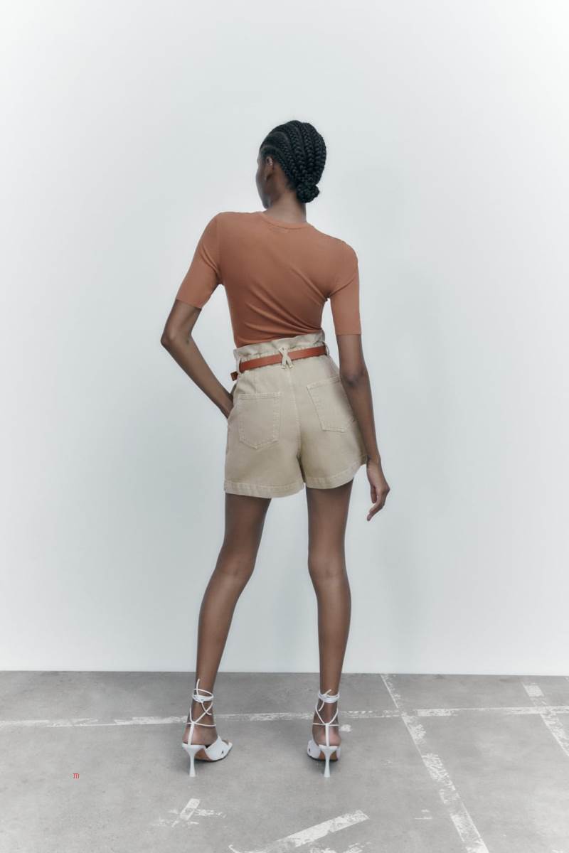 ZARA BELTED BAGGY DENIM BERMUDA Shorts Dam Ljuskhaki | YGUOF-1248