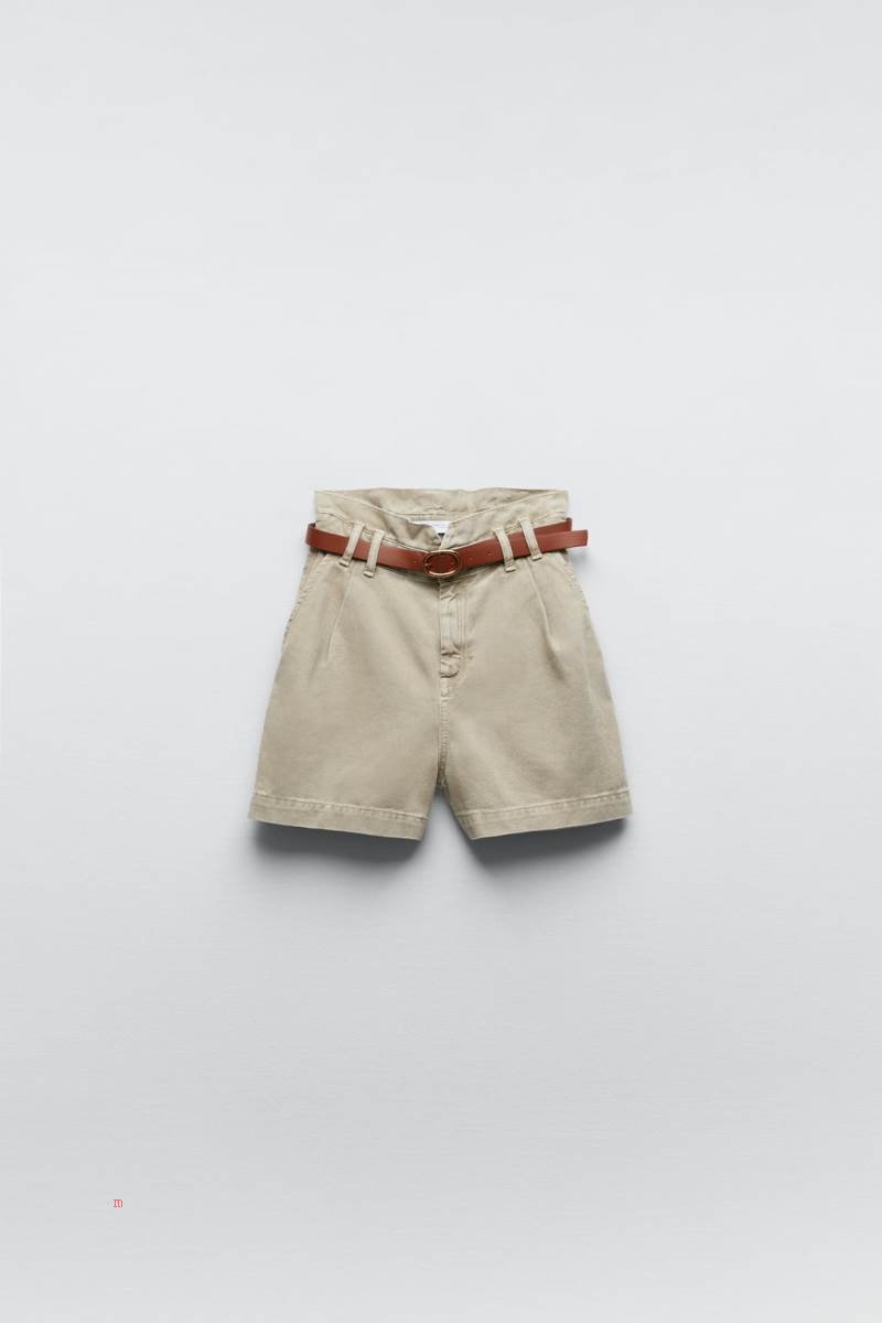 ZARA BELTED BAGGY DENIM BERMUDA Shorts Dam Ljuskhaki | YGUOF-1248