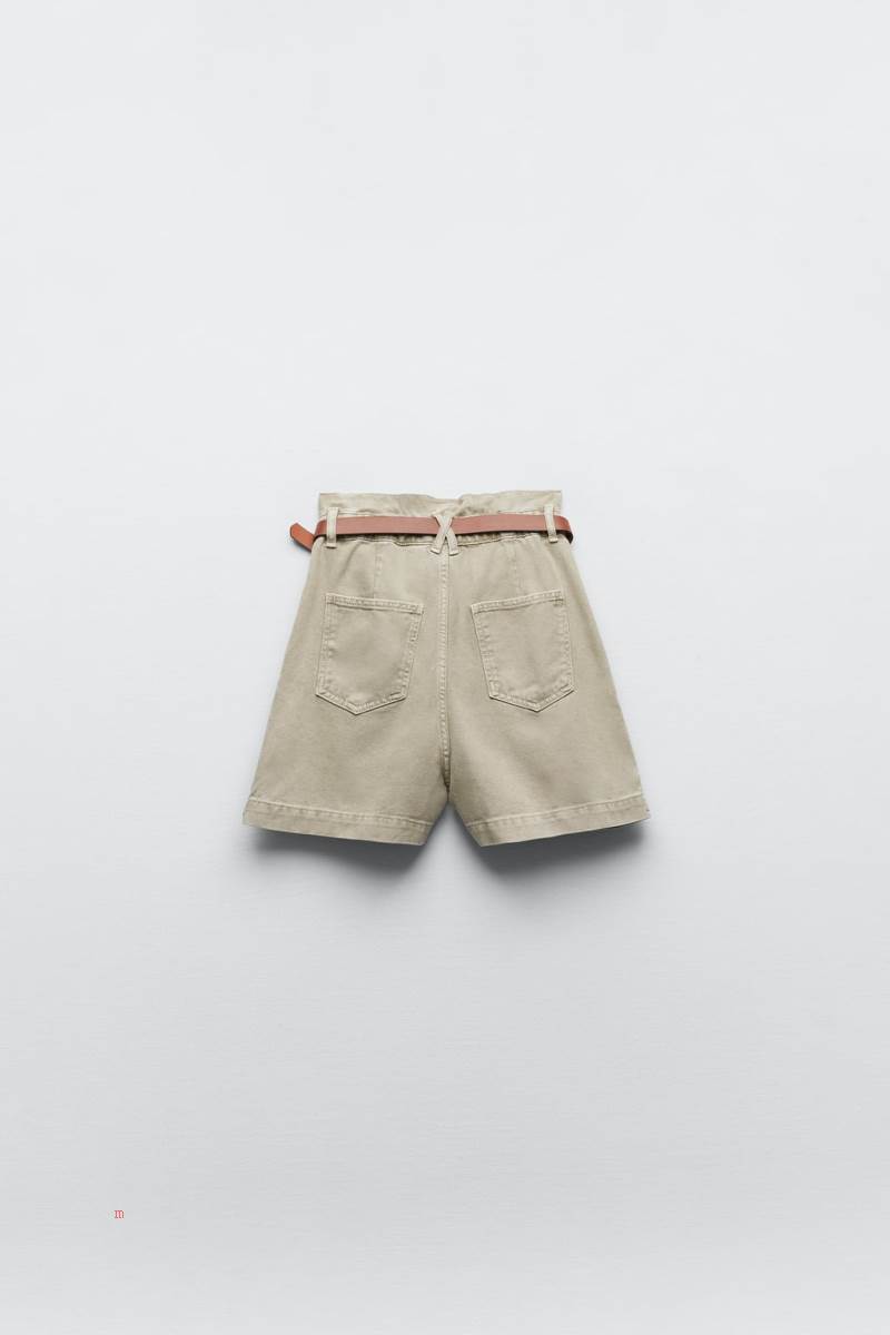 ZARA BELTED BAGGY DENIM BERMUDA Shorts Dam Ljuskhaki | YGUOF-1248