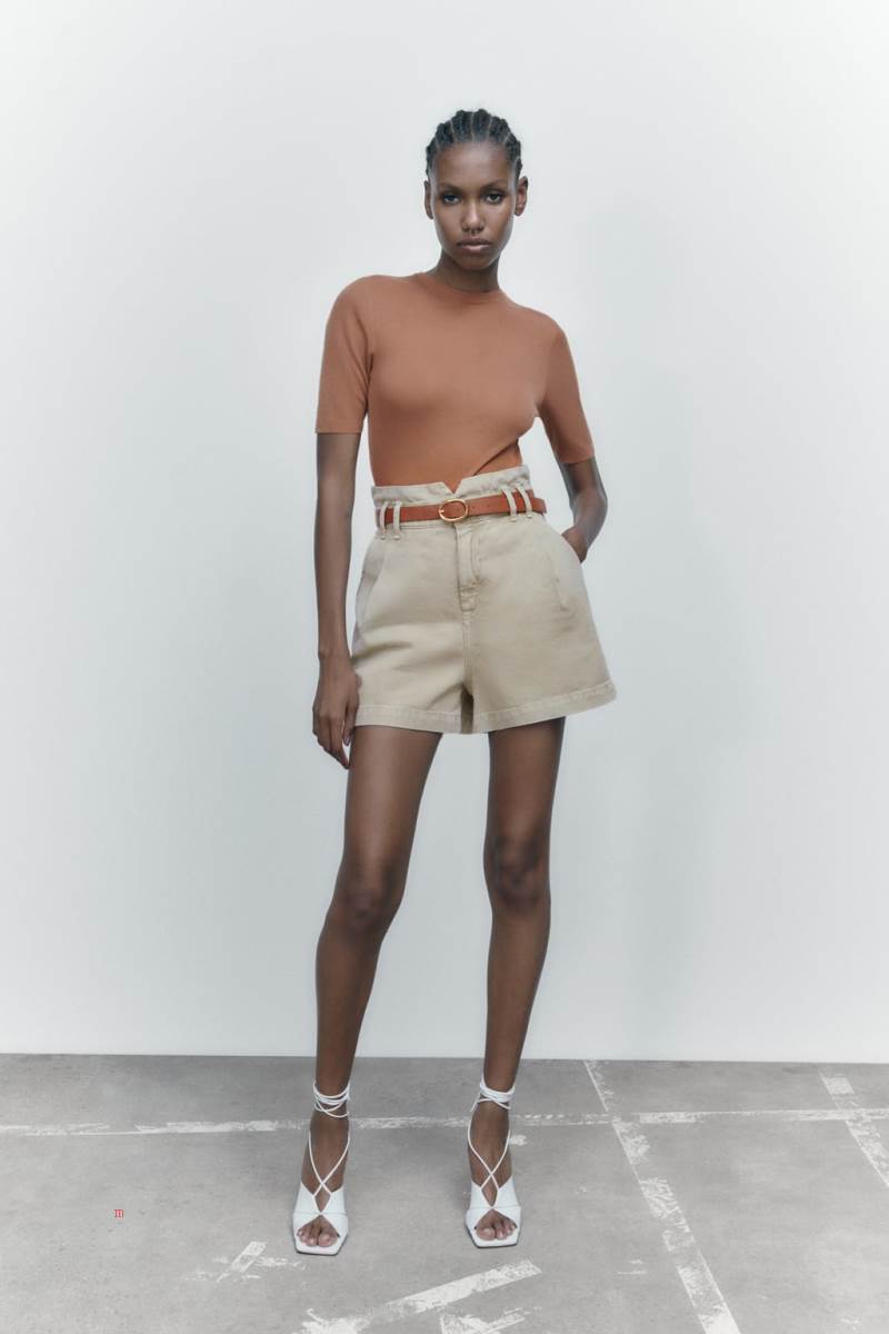 ZARA BELTED BAGGY DENIM BERMUDA Shorts Dam Ljuskhaki | YGUOF-1248