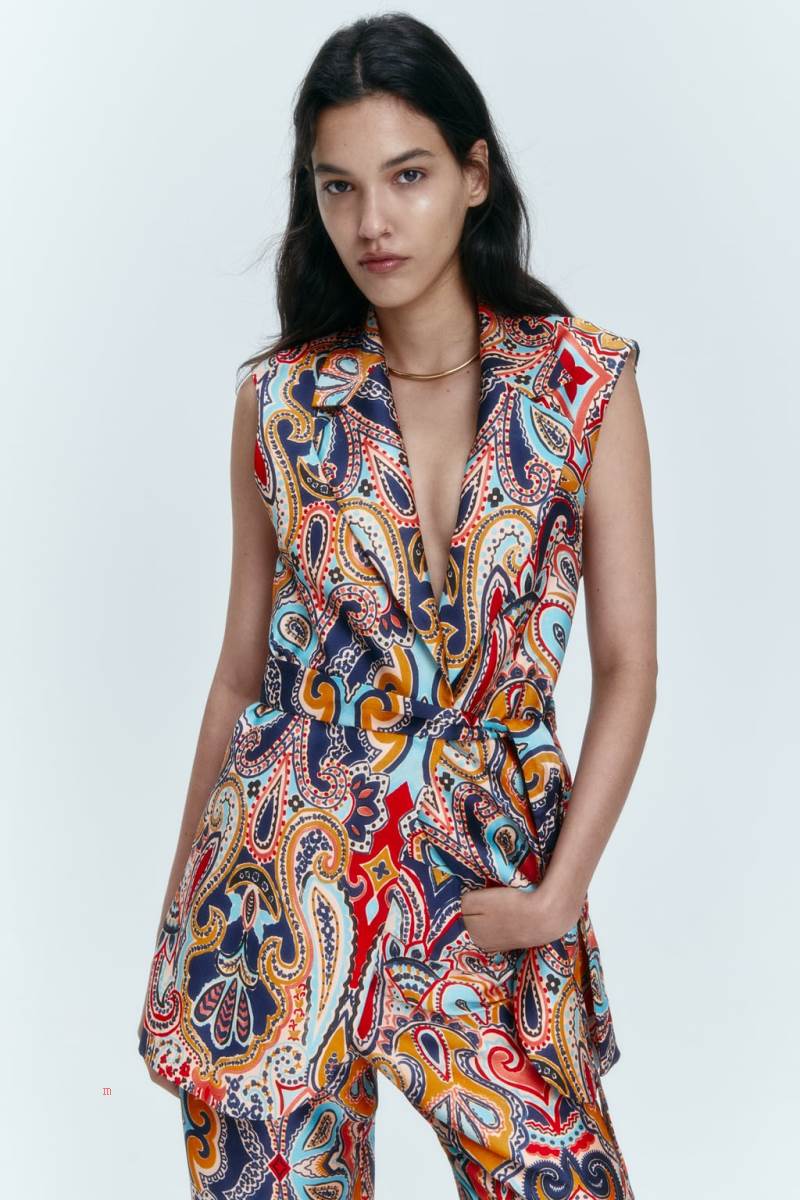 ZARA BELTED PRINTED Kostym Väst Dam Olika Färger Röda | RXBAT-8750