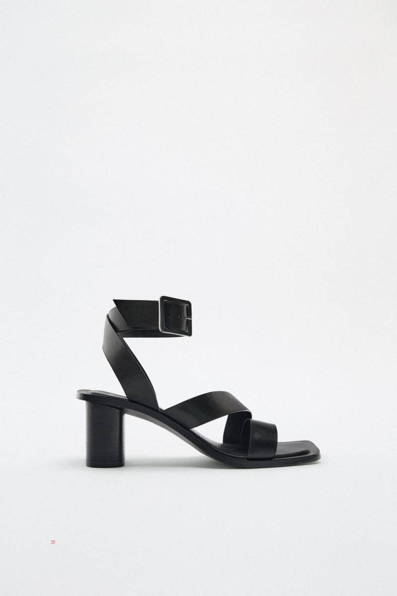 ZARA BLOCK HEEL LEATHER Sandaler Dam Svarta | QAPXS-9348