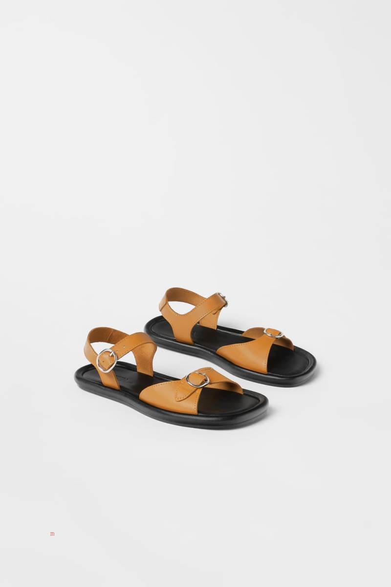 ZARA BUCKLED LEATHER Sandaler Tjej Beige | YSZFU-7019