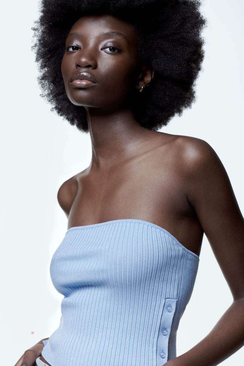 ZARA BUTTONED KNIT Crop Top Dam Blå | PLWKE-3296