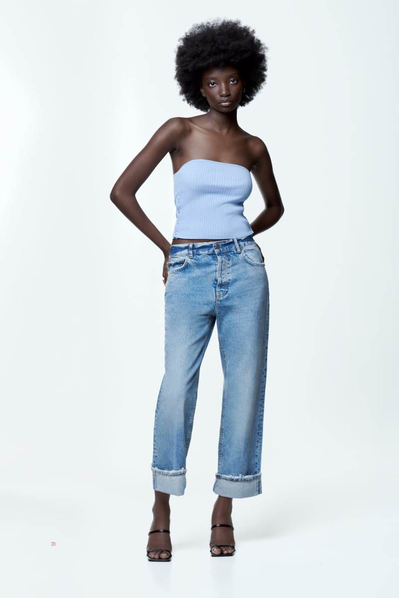 ZARA BUTTONED KNIT Crop Top Dam Blå | PLWKE-3296