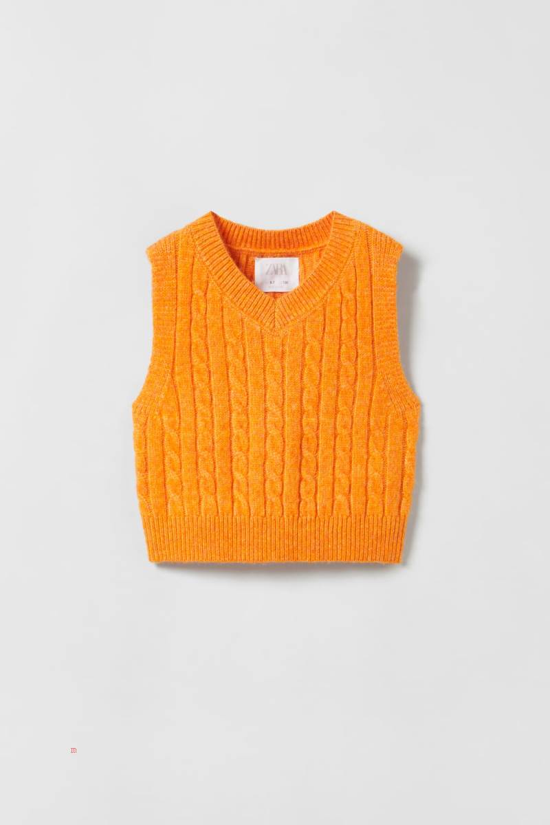 ZARA CABLE-KNIT Väst Tjej Orange | BWIQA-4158