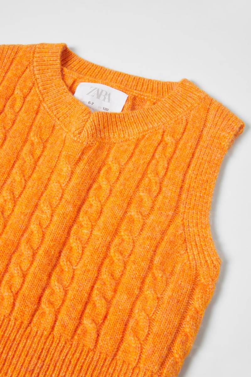 ZARA CABLE-KNIT Väst Tjej Orange | BWIQA-4158