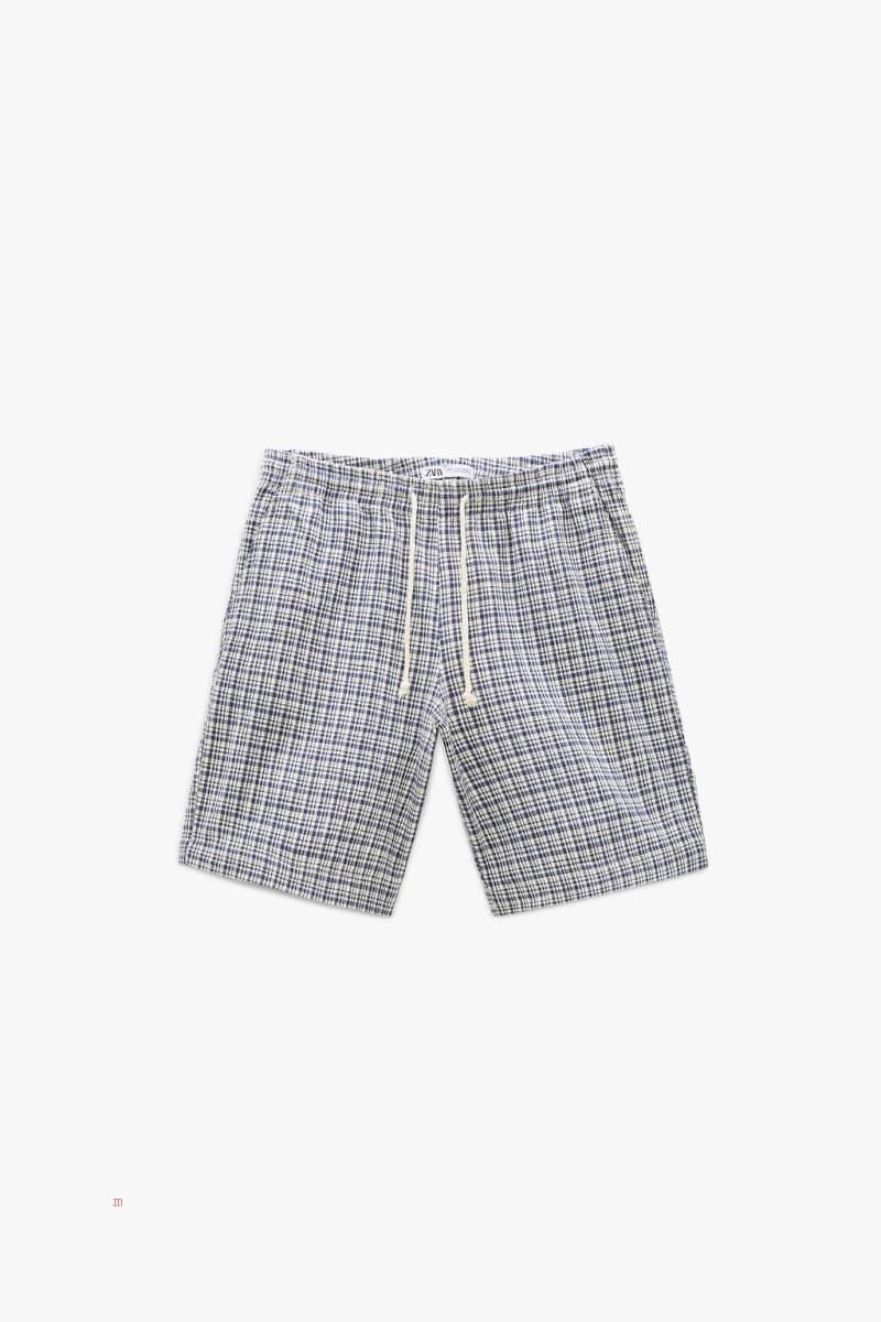 ZARA CHECK TEXTURED BERMUDA Shorts Herr Blå | HKPBN-1345